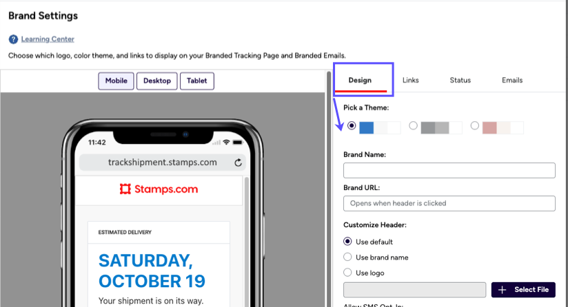 Branded Features. Brand Settings. Box on Design tab. Arrow to Pick a Theme options