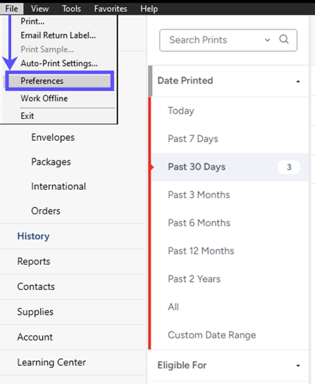 Stamps PC. Arrow from File menu to box on Preferences