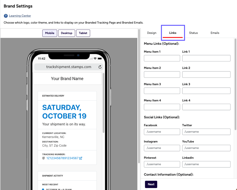 Brand Features. Setting. Box shows Links Tab