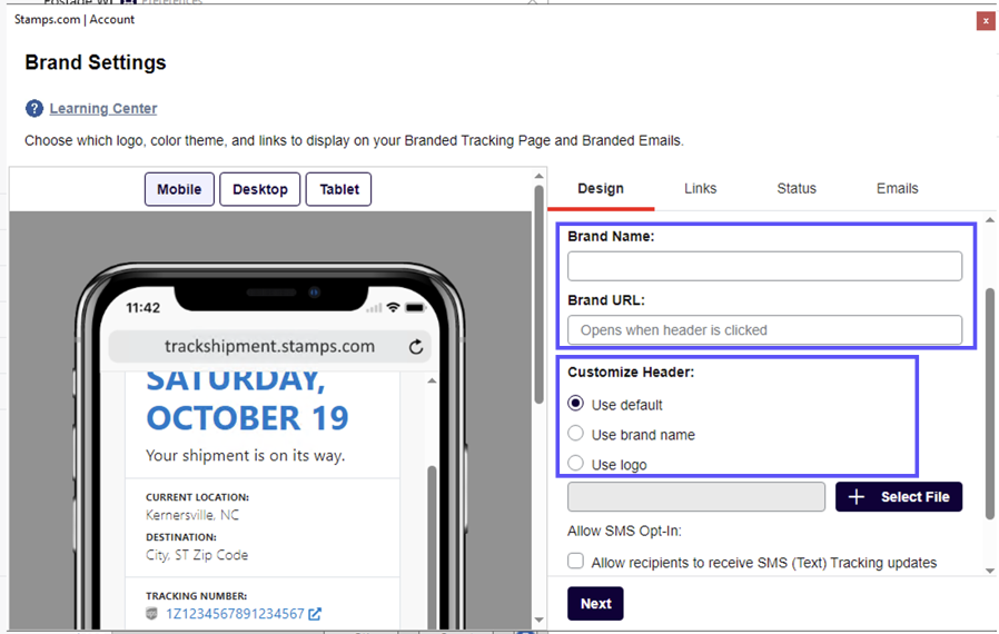 Order settings. Brand Settings. Boxes on Brand name, URL, & Customize Header