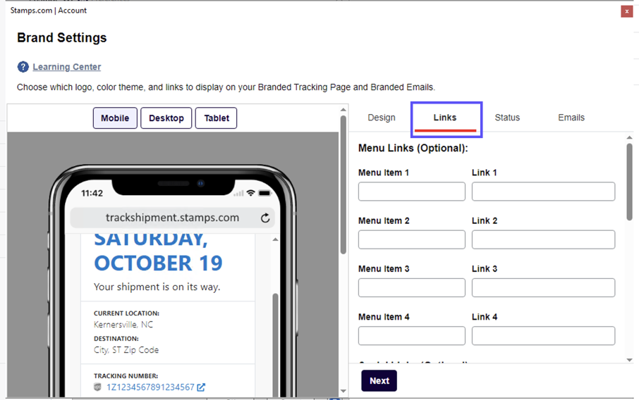 Brand Features. Brand Settings. Setting. Box shows Links Tab