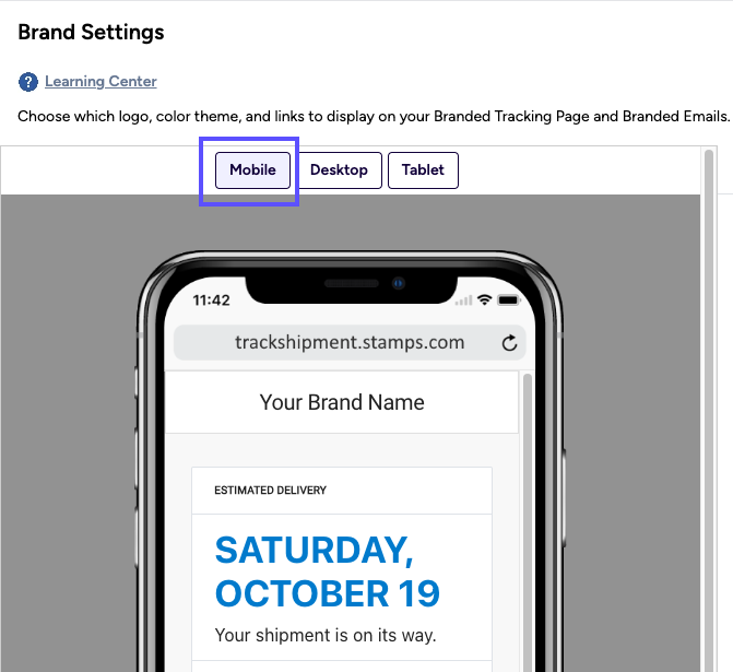 Branded Settings Preview. Box on Mobile button. Shows ­Mobile Version