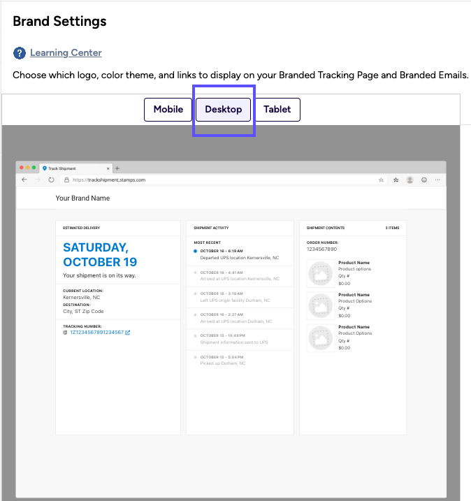 Branded Settings Preview. Box on Desktop button. Shows ­Desktop Version