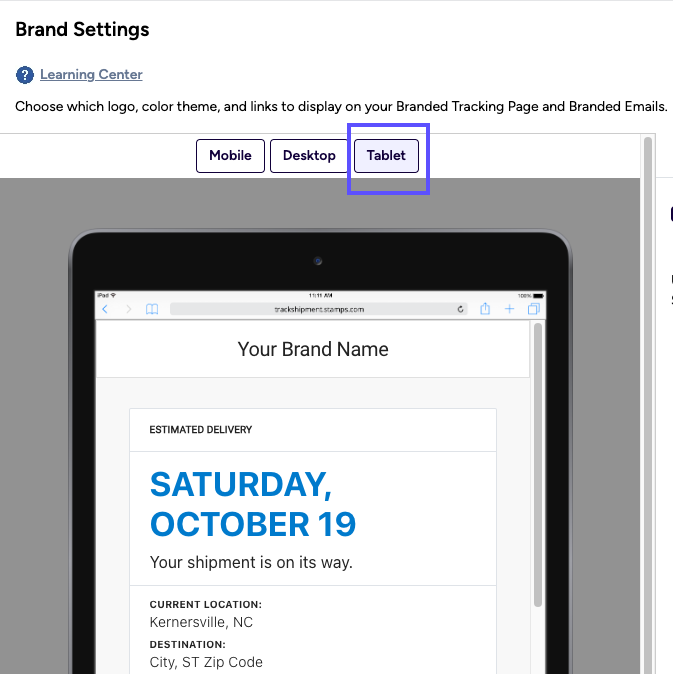Branded Settings Preview. Box on Tablet button. Shows ­Tablet Version
