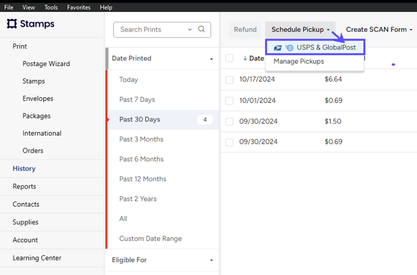 Stamps PC. History tab. Arrow from Schedule Pickup menu to box on carrier selection.