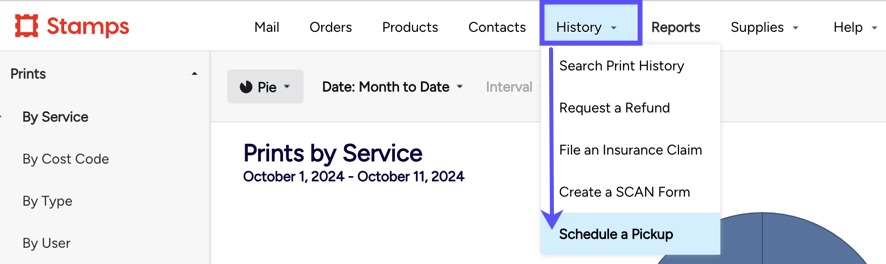 Stamps - Web version. History tab opened in Toolbar, box highlights Schedule a USPS Pickup option