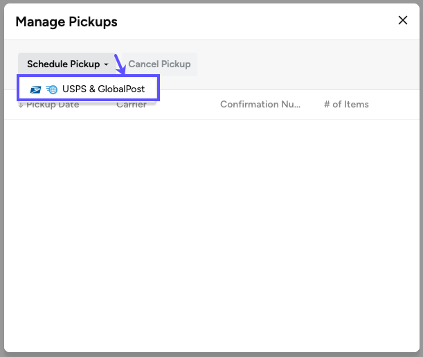 History tab. Schedule Pickups. Arrow from Schedule Pickup dropdown to box on selected carrier