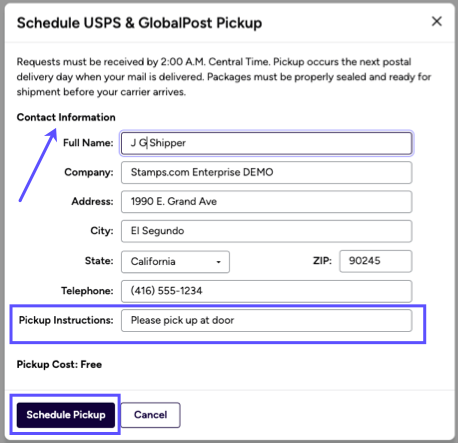 popup. Schedule USPS & Global Post Pickup. Arrow to Contact Info, Boxes on instructions & Schedule pickup button