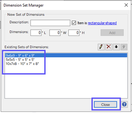 Dimension Set Manager. Boses on existing sets of dimensions & Close button