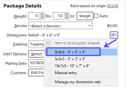 Package Details. Arrow from Additional dimensions button to box on expanded menu with Dimensions Set