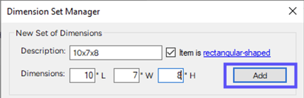 Dimension Set Manager popup. Description & Dimensions fields updated. box on Add button