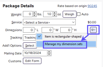 Stamps PC. Packages. Package Details. Arrow to Dimensions button. box on Manage my Dimension Sets