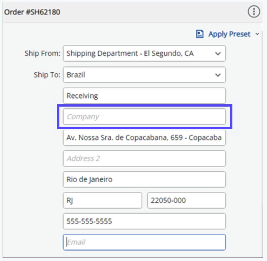 Order details. Box highlights Company field