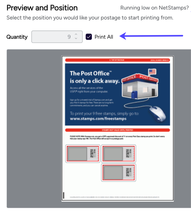 Preview & Position. Arrow points to the checked Print All checkbox.