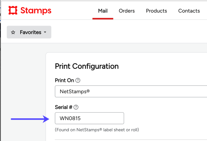 Mail tab. Arrow points to Serial Number field with Serial Number entered.