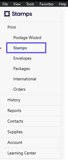 Stamps PC. Box shows the Stamps tab marked in the sidebar under Print.