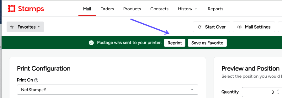 Arrow points to the Reprint button