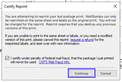 Certify Reprint popup. Box on the Continue button