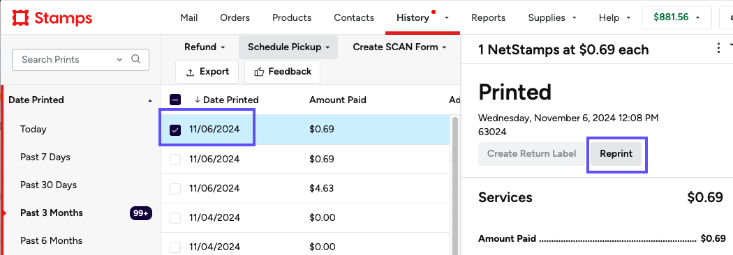 History tab. Boxes highlight selected NetStamps print & Reprint button.