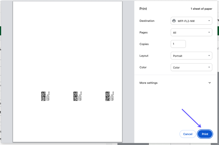 Reprint Postage popup. An arrow points to the Print button.