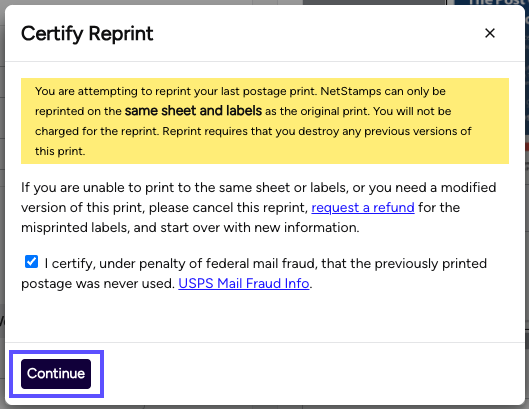 Certify Reprinit popup. Box is on the Continue button