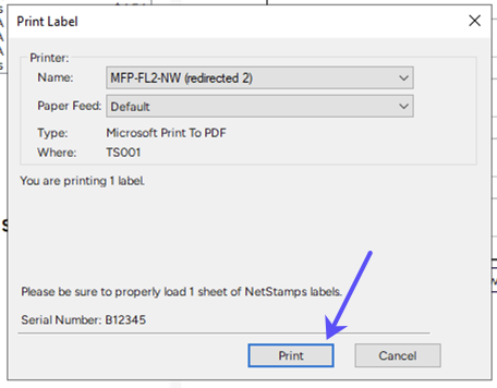 Reprint Postage popup. An arrow points to the Print button.