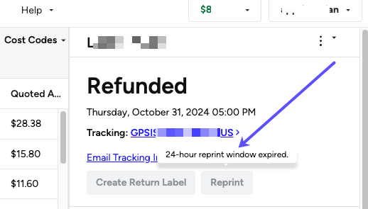 Arrow to the Reprint button's hover-over message. It reads, 24-hour reprint window expired.
