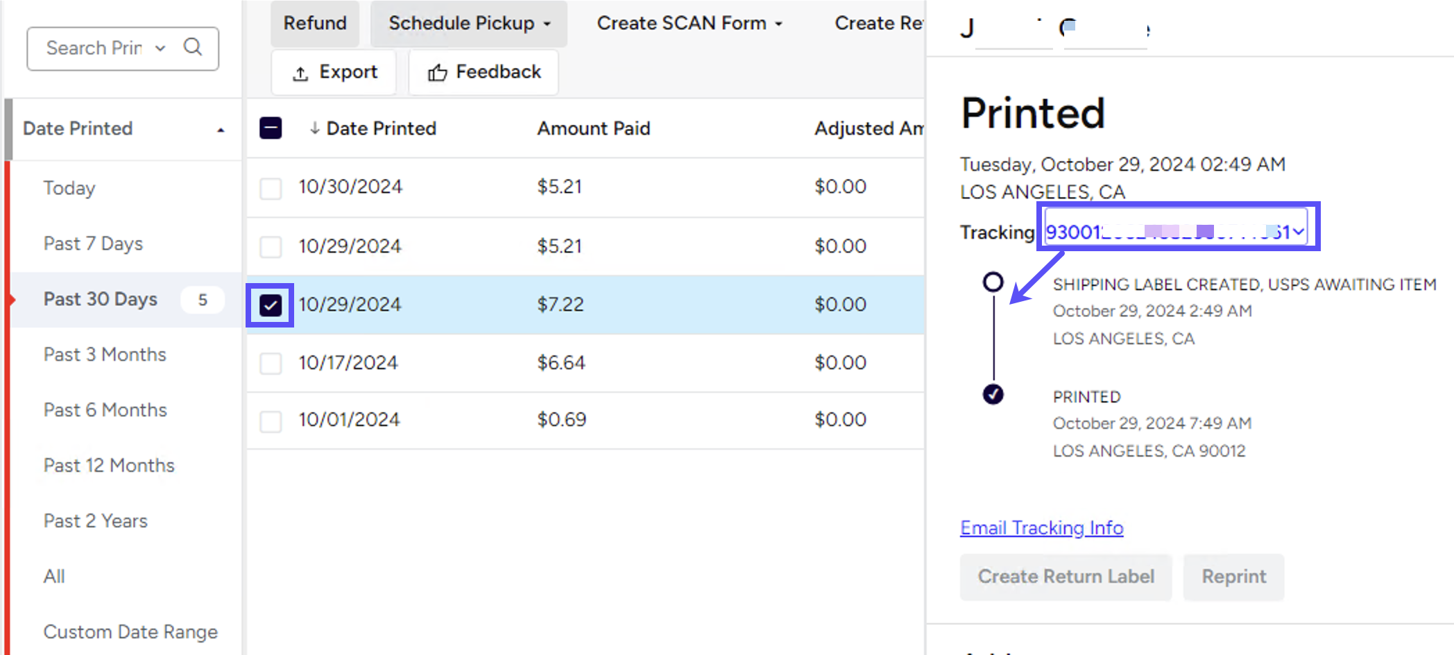 Shows Order-Selected. Box on tracking number and dropdown. Arrow to Tracking Details