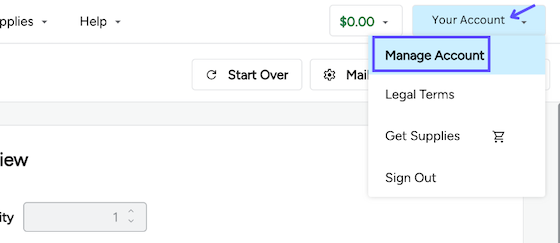 arrow points from Account-profile dropdown menu to box on Manage Account option