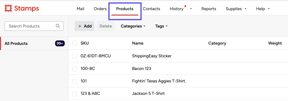 Stamps web version. A box highlights the Products tab in the Action bar.