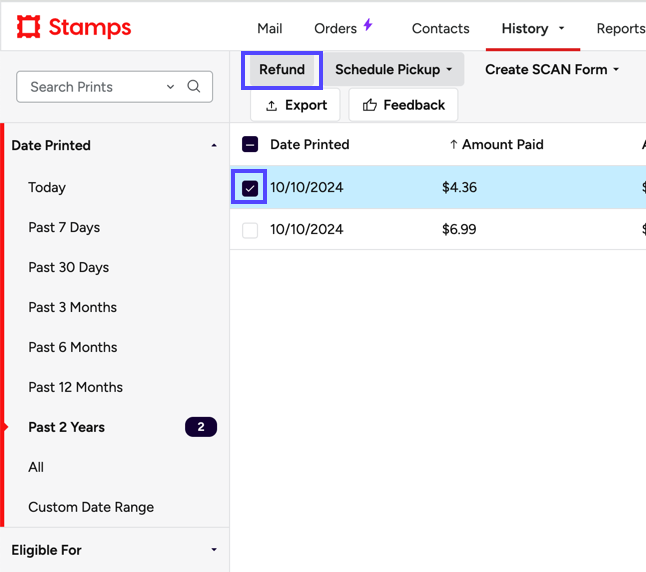 Stamps web. History tab. Boxes on the selected print to refund & on the Refund button