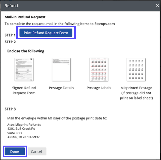 Refund popup. Boxes on Print Refund Request Form & Done buttons