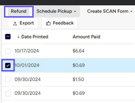 Stamps PC. History Tab. Boxes on a selected order and on the Refund button