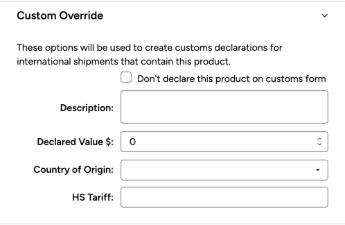Custom Overrride details include Description, value, country of origin, & H S Tariff