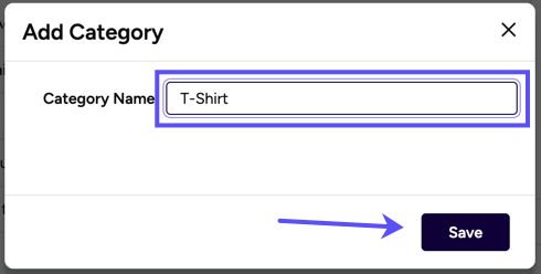 Manage Categories. Add Category popup with Category Name & the Save button