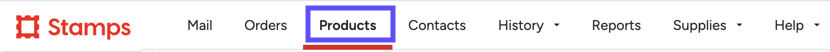 Stamps ­WEB version: ­Toolbar. Box highlights PRODUCTS tab.