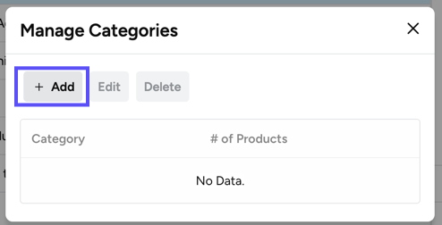 Manage Categories popup. A box shows the Add button