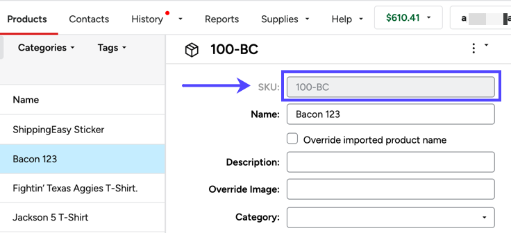 Products page. Product Details opened. An arrow and box show the SKU field.
