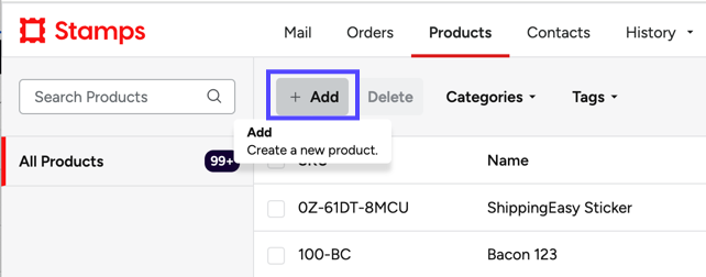 Products tab. A box shows the + Add button