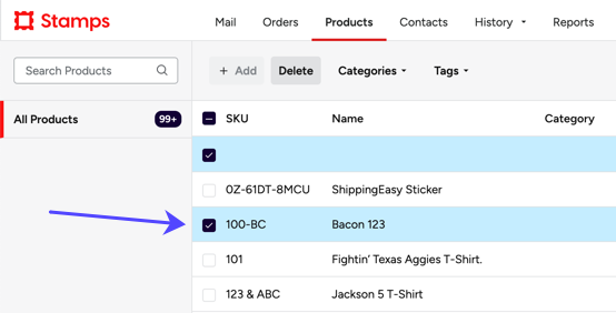 PRODUCTS grid. Shows a Product Selected