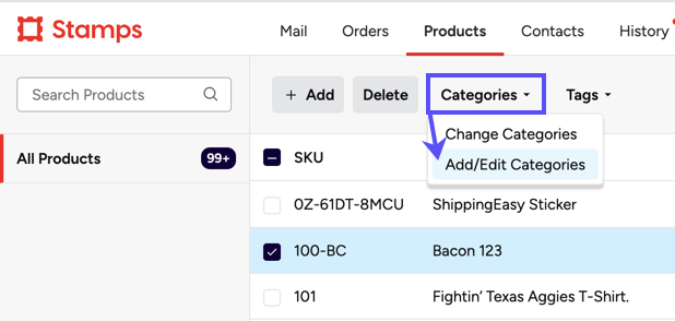 PRODUCTS. The Categories menu is opened. An arrow shows Add-Edit-Categories selected