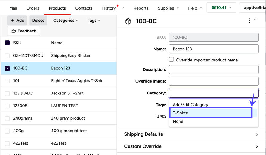Product Details. Category menu opened. New product category selected