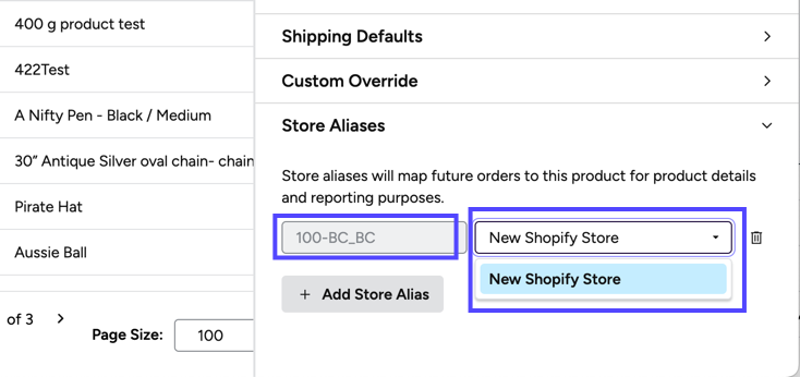 Shows opened Store-Alias panel with boxes on the SKU & Store fields