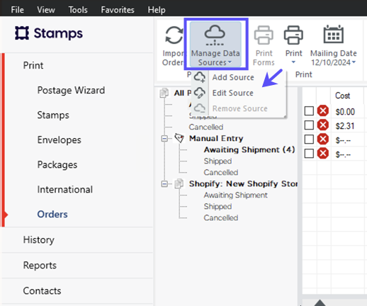shows manage data sources selected with edit source highlighted