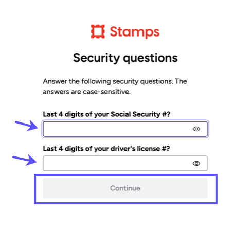Security-Questions popup. The required fields and Continue button are marked.