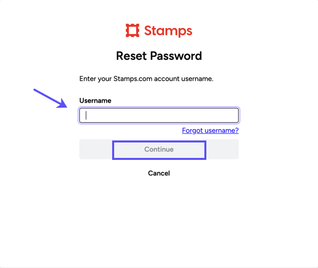 Reset-Password popup. the Username field & Continue button are shown marked
