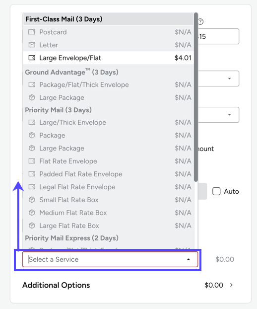 Print-­Configuration: Arrow to Service dropdown menu options
