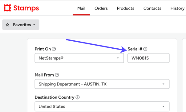Mail tab. Print configuration. Arrow points to the Serial Number field.