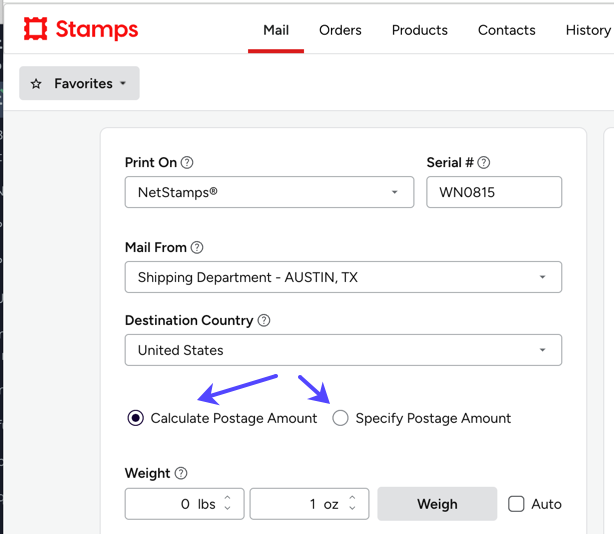 Arrows to radio button options: Calculate Postage Amount, or Specify Postage Amount