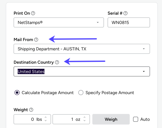 Print Configuration: Arrows point to the Mail From and Destination Country dropdown menus